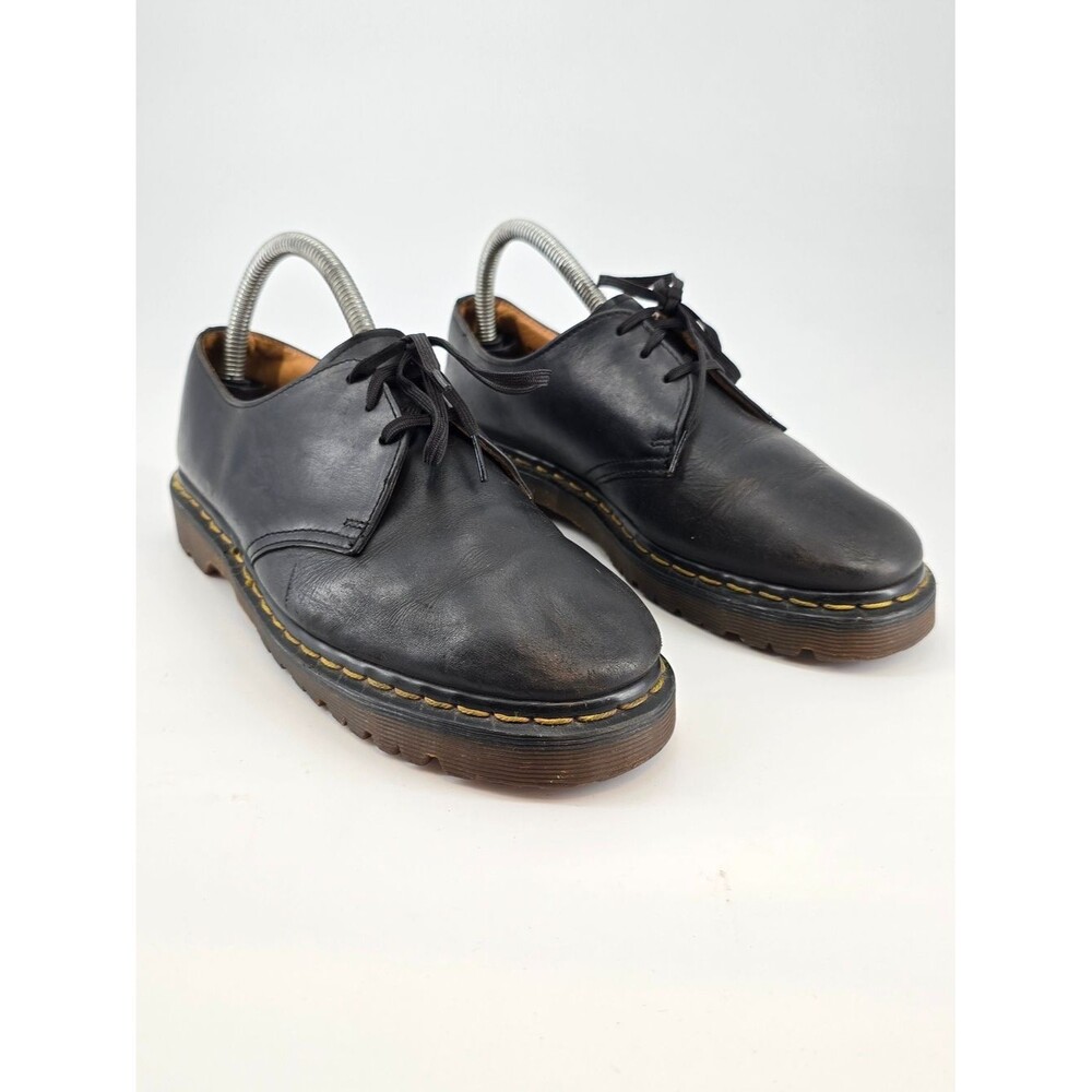 Dr. Martens Black Leather Derby Shoes with Yellow Welt Stitching